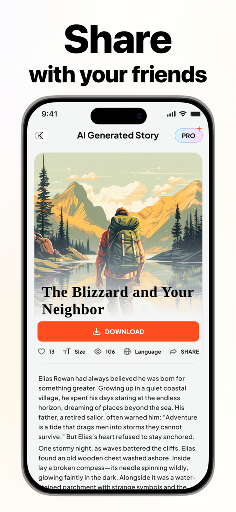 Uno schermo dell'app mobile NovelAI che mostra una storia generata dall'IA intitolata The Blizzard and Your Neighbor con opzioni per scaricare e condividere