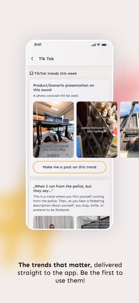 Transform the Day - Mobile app interface showing weekly TikTok trends and post generation button.