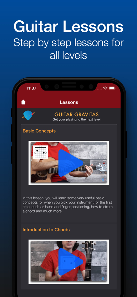 Guitar Gravitas: Total ed. - あらゆるレベルに対応したステップバイステップのビデオレッスンを表示するGuitar Gravitasアプリ画面