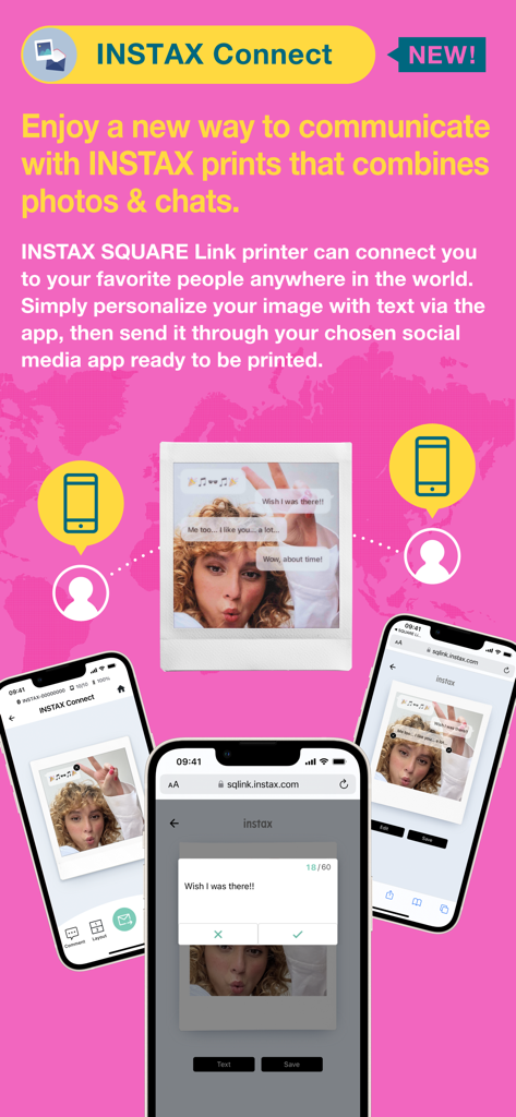 Smartphone-Bildschirme, die die INSTAX Connect-Funktion zum Hinzufügen von Text und zur Kommunikation über Fotodrucke anzeigen