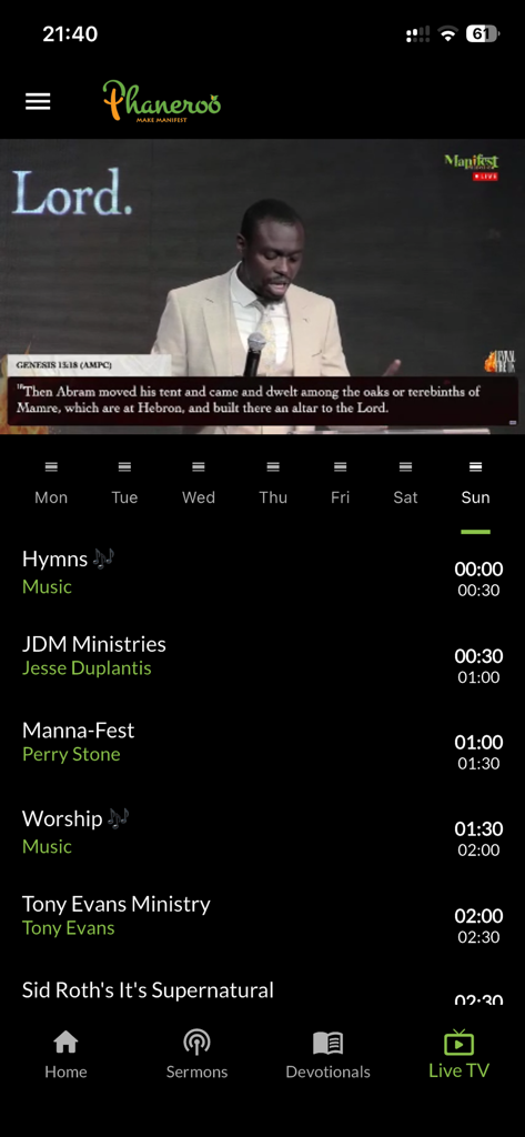 Phaneroo - Phaneroo app live TV screen featuring a streaming sermon video and a daily broadcast schedule