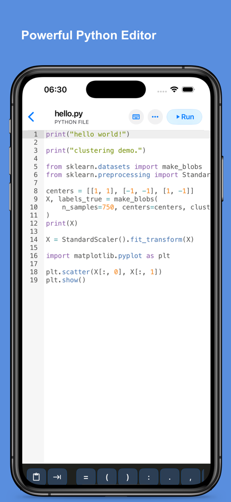 Python Coding IDE - Python Coding IDE mobile editor showing a machine learning script.