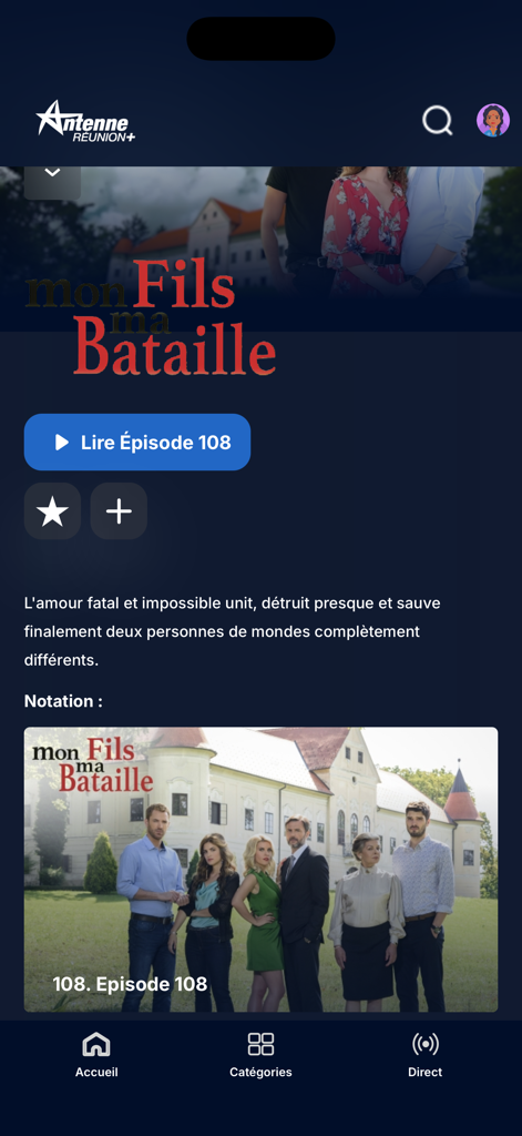 Interface de l'application mobile Antenne Reunion Plus affichant une page d'émission TV