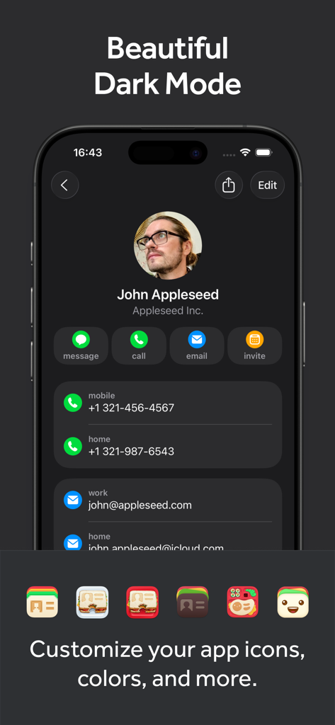 Cardhop Contacts app interface in dark mode featuring a contact profile and custom app icons.