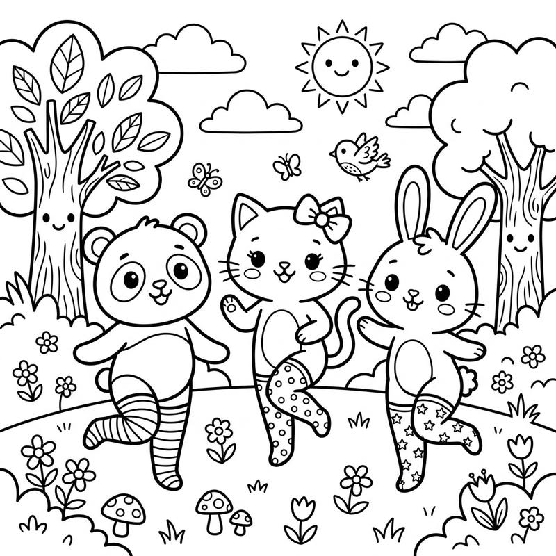 Bring this joyful scene to life with colors! Our cute panda, cat, and bunny friends are ready for a grand adventure, all while sporting their stylish thigh-high stockings.