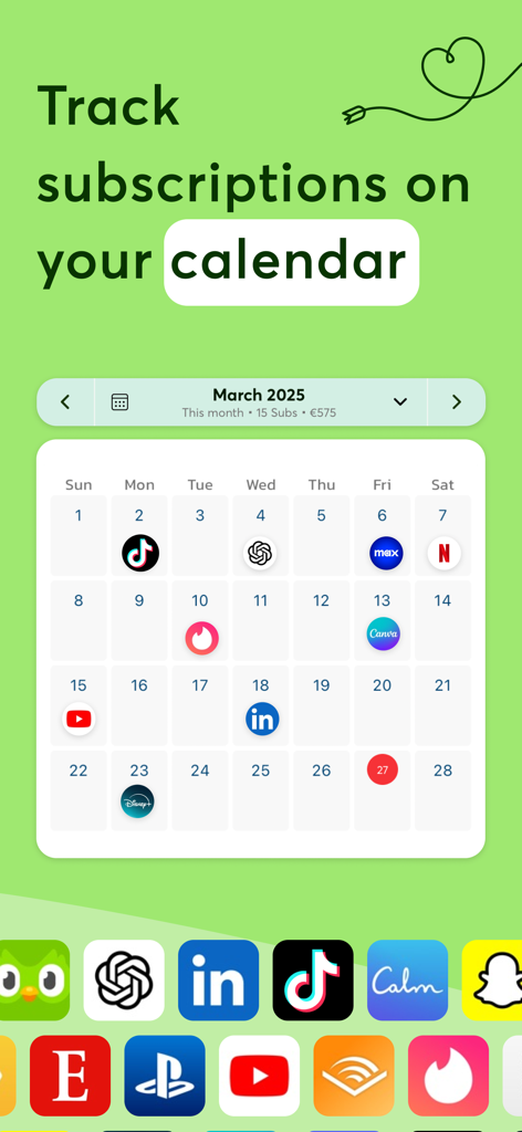 Cancel Subscriptions: Subee - Vista de calendario de la aplicación Subee rastreando las fechas de renovación de suscripciones mensuales.