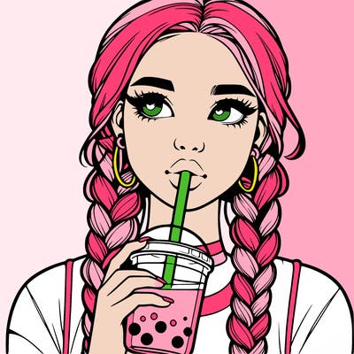 realistic girl with braided hair drinking boba