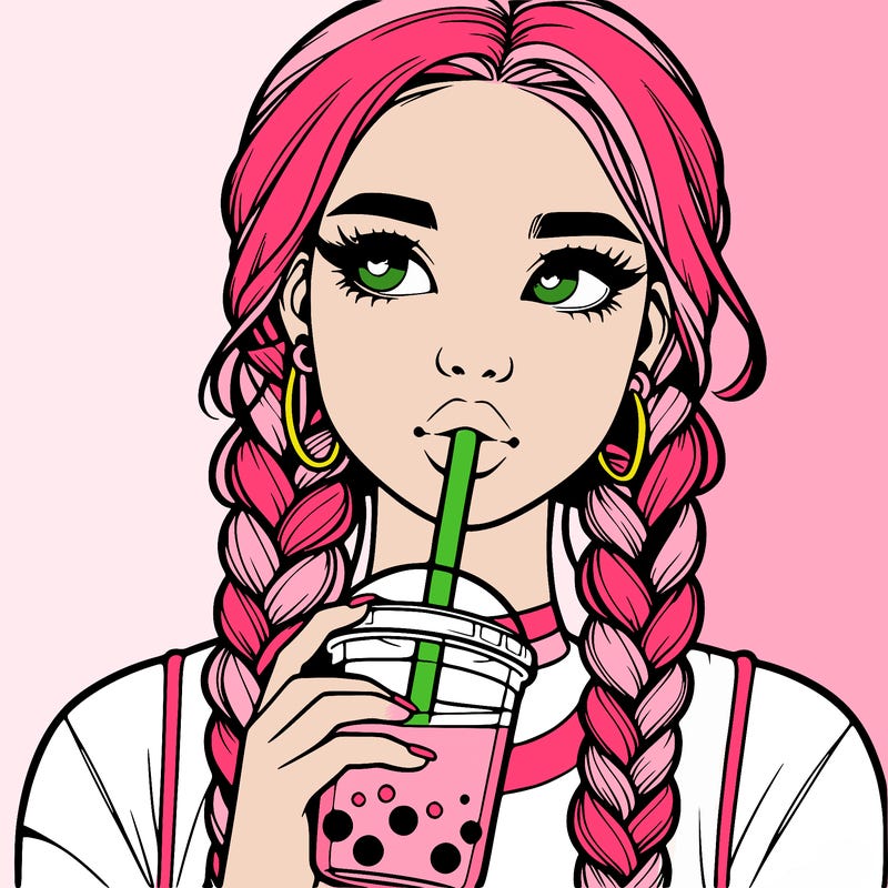 realistic girl with braided hair drinking boba