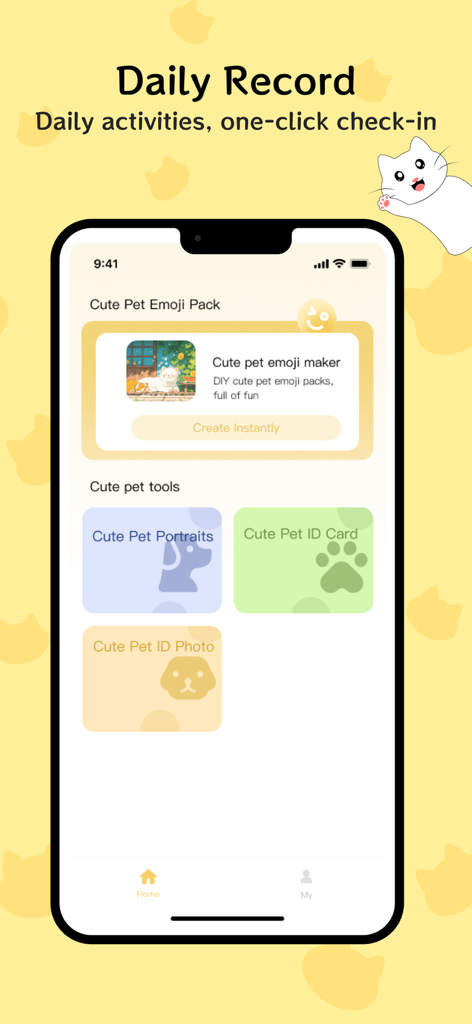 Home screen of Emoji-Sticker Maker app featuring cute pet emoji tools