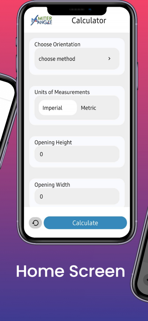 Miter Angle Calculator - Miter Angle Calculator app home screen with fields for choosing orientation units and dimensions