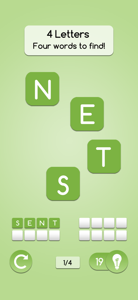 AnagrApp - Fun Word Game - AnagrApp gameplay showing a four letter word puzzle with letter tiles N E S and T.