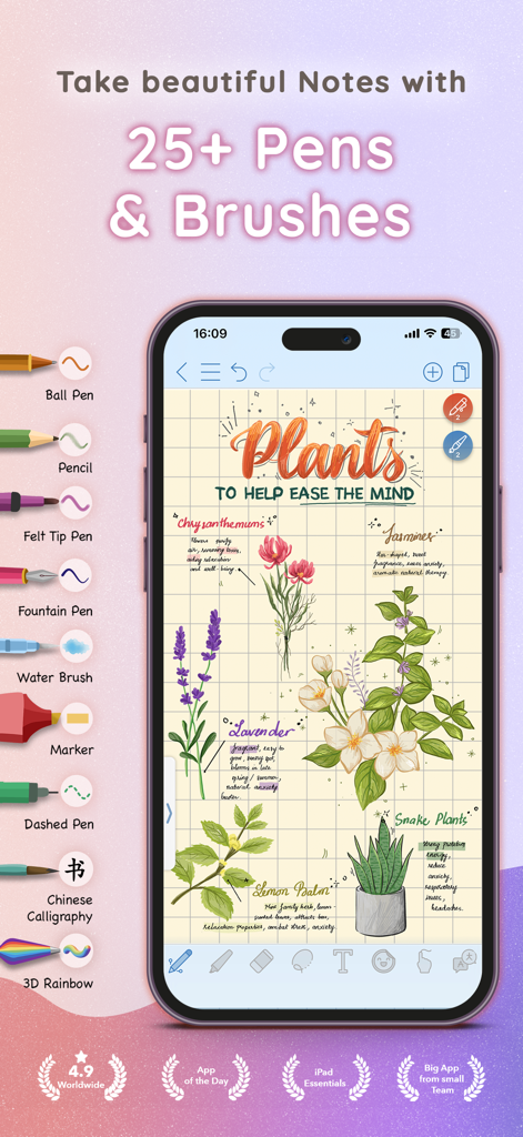 CollaNote app displaying botanical study notes created with diverse pen and brush tools