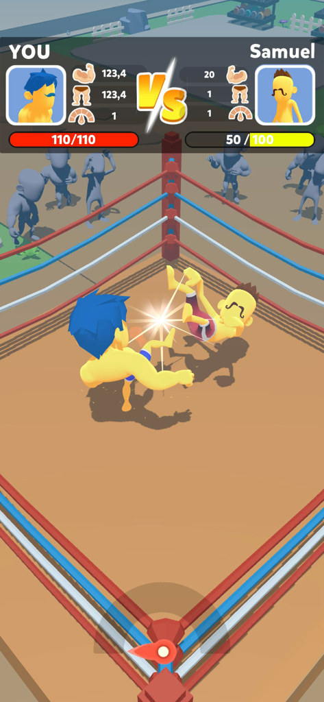 Gym Clicker: KO MMA Boxing - A boxing match in Gym Clicker showing a player character fighting an opponent in a ring with health bars and stats