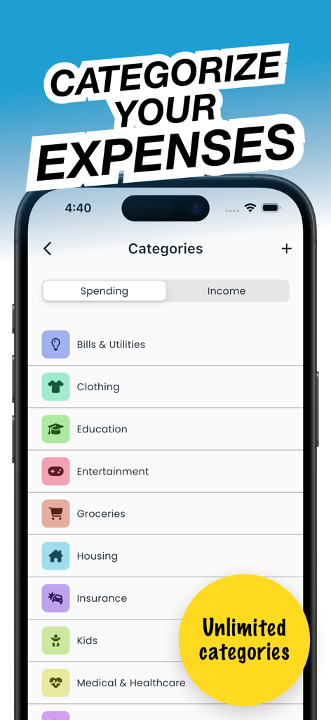 NEKO: Budget & Bill Organizer - A mobile interface for the NEKO app showing various expense categories like groceries and housing