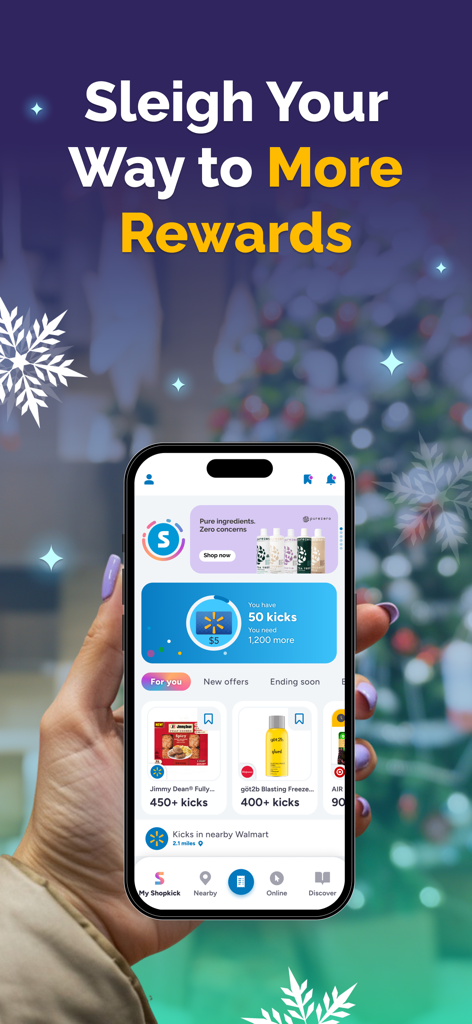Shopkick app interface on a smartphone screen featuring holiday rewards and shopping offers