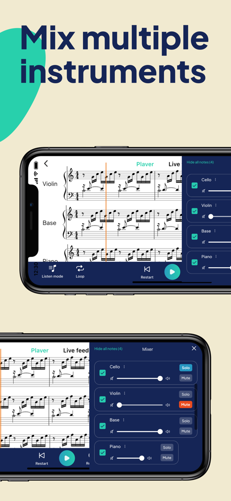 Sheet Music Reader Halbestunde - 複数の楽器の音量とソロ設定を調整するためのミキサーパネルが付いたデジタル楽譜を示すHalbestundeアプリのインターフェイス