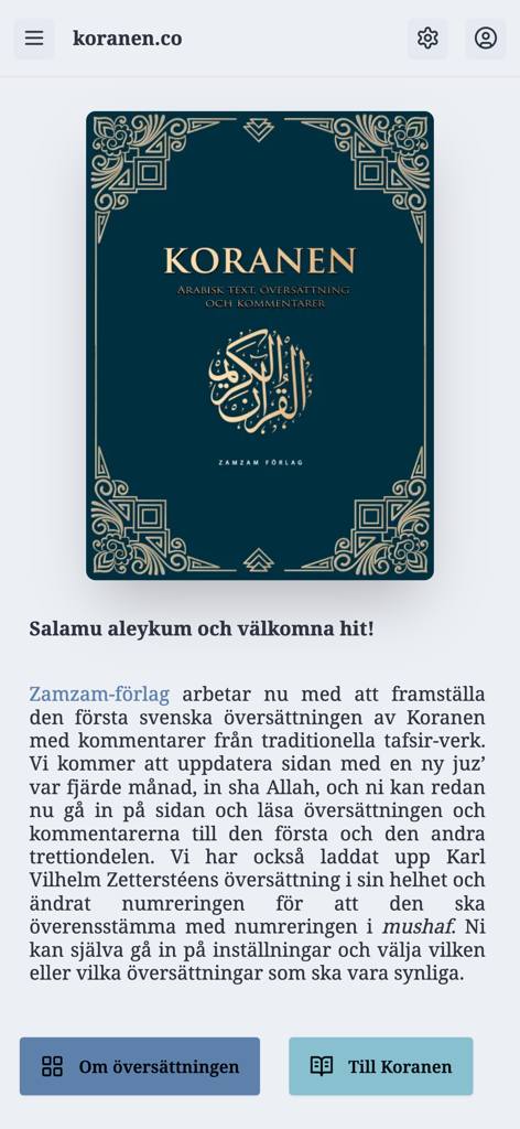Koranen på svenska zamzam - Pantalla de inicio de la aplicación Koranen på svenska zamzam que muestra la portada del libro y texto introductorio en sueco.