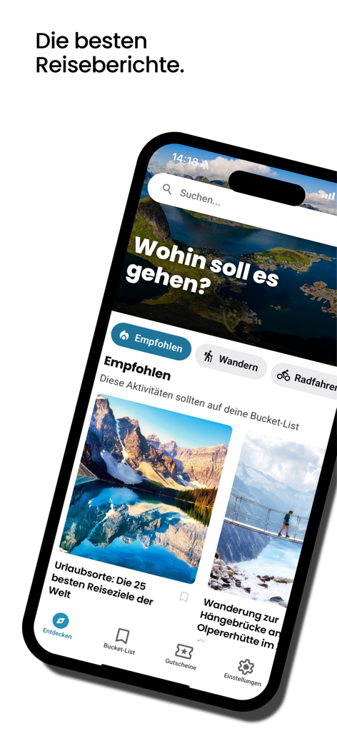 HOME of TRAVELモバイルアプリのインターフェース。おすすめの旅行レポートや、ハイキングなどのアウトドアアクティビティが表示されています。