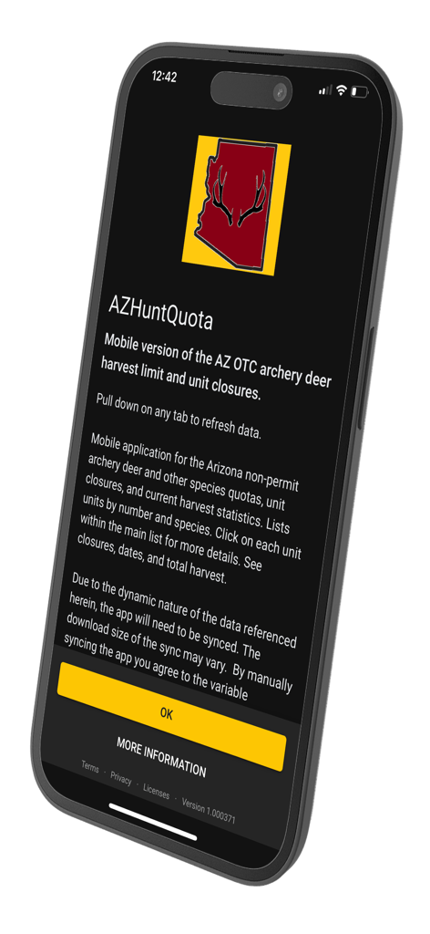 AZHuntQuota - Welcome screen of the AZHuntQuota app on an iPhone showing Arizona hunting information and harvest limits.