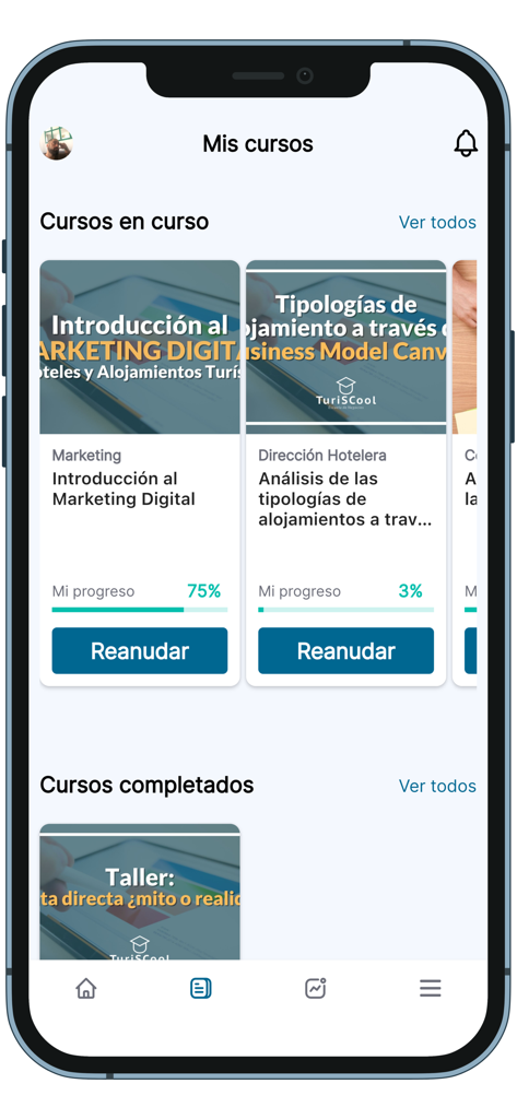 Turiscool 앱 대시보드, 진행 상황 추적과 함께 현재 및 완료된 호텔 산업 교육 과정 표시
