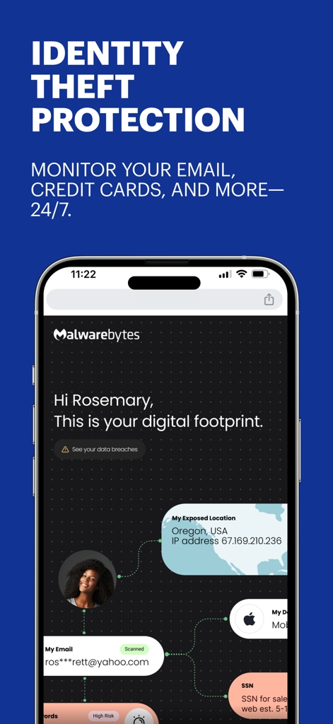 Screenshot of the Malwarebytes app showing identity theft protection and a digital footprint scanner dashboard on an iPhone.