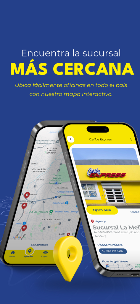 Caribe Express RD - Caribe Express RD app interface showing branch locator map and office details