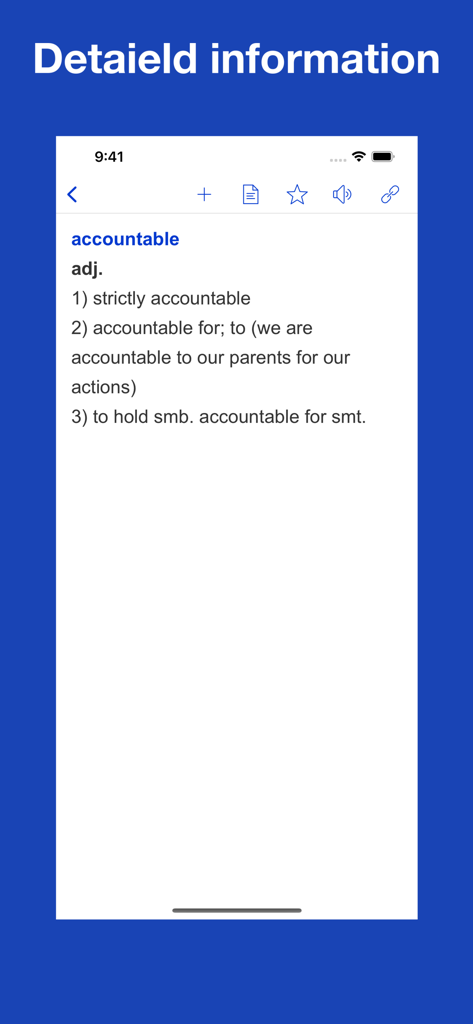Detailinformationsbildschirm für das Wort 'accountable', der gängige Kollokationen zeigt.