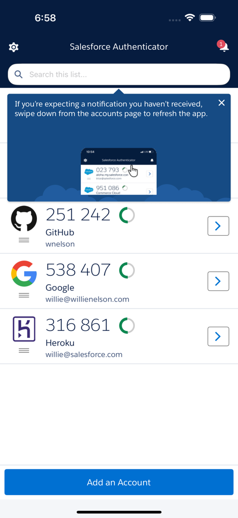 Salesforce Authenticator app main screen displaying a list of connected accounts and their 6-digit verification codes.
