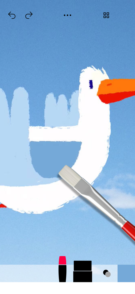 Tayasui Sketches School - Un disegno digitale di un uccello bianco con un becco arancione, creato con uno strumento pennello realistico nell'app.