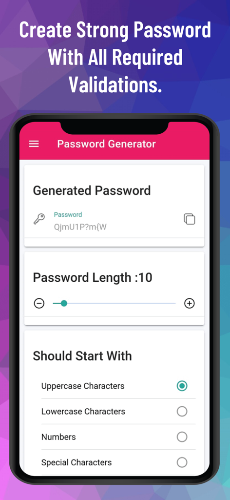 Screenshot do ecrã do gerador de palavras-passe na aplicação PM Pro, mostrando opções de comprimento e caracteres personalizados.
