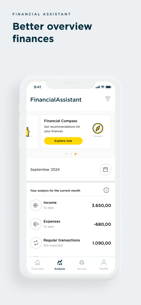 Commerzbank Banking - Commerzbank 뱅킹 앱의 재무 도우미 분석 화면으로 월별 수입 및 지출 개요 표시