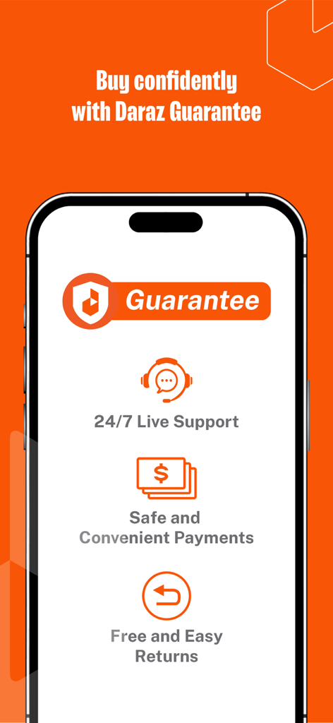 Smartphone screen showing Daraz Guarantee features including 24/7 live support, secure payments, and free easy returns
