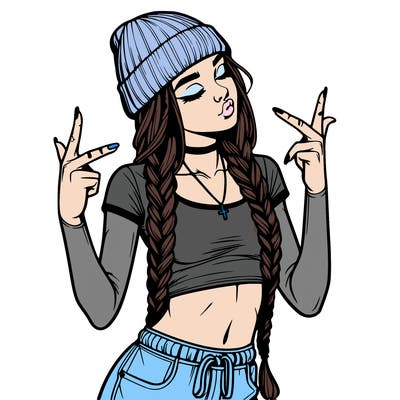 realistic teenage girl with braids and a beanie and crop top doing 🫶🏼