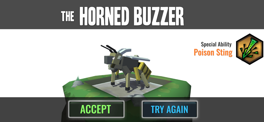 Hybrid Animals - Una criatura híbrida de polígono bajo llamada El Zumbador Cornudo con una habilidad especial de aguijón venenoso