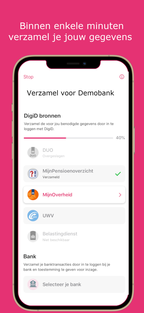 Ockto mobile app screen showing automated financial data collection from government and banking sources for a mortgage application.