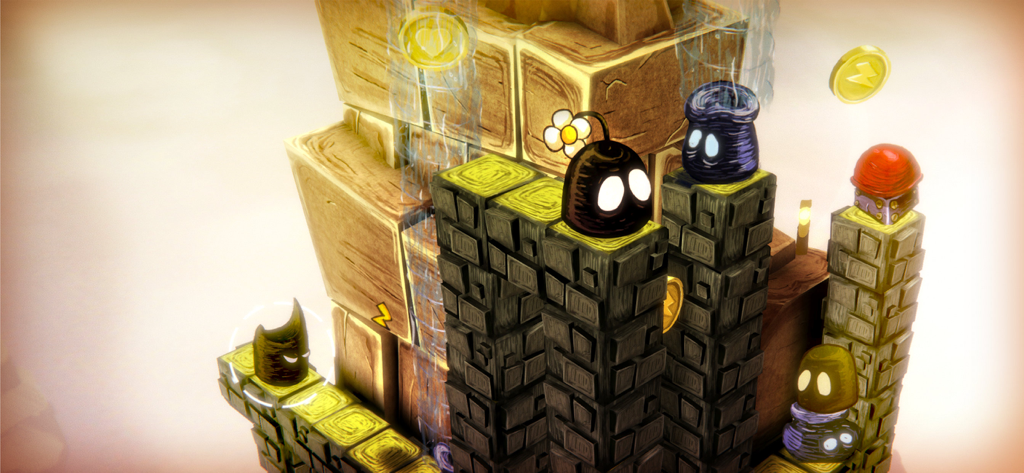 Two dark blob characters with large white eyes standing on high stone pillars in a stylized puzzle level.