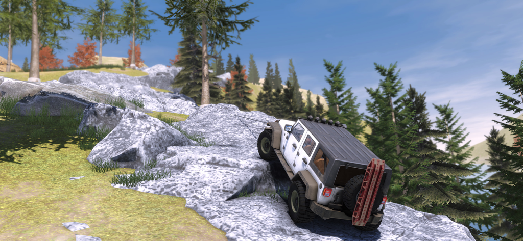 White offroad vehicle climbing steep rocks in mountain landscape