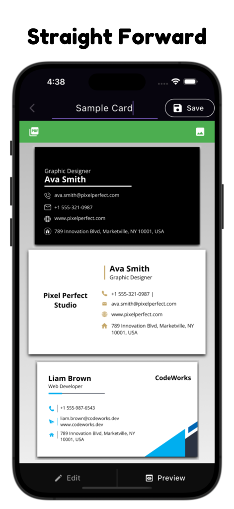 Business, Visiting Card Maker - さまざまなプロフェッショナルな名刺デザインを表示するモバイルアプリインターフェース