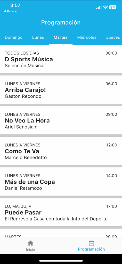 DSPORTS Radio app programming schedule screen showing daily sports talk shows and broadcast times