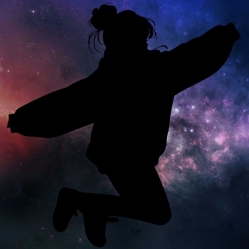 realistic girl jumping with a bun and oversized sweatshirt