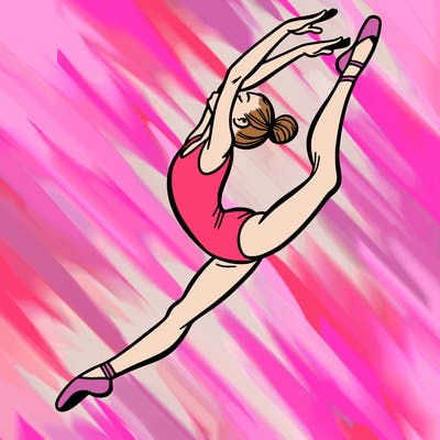 gymnast doing a leap in a leotard with a bent back leg