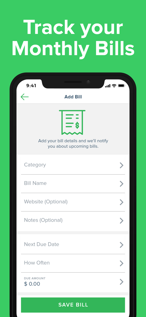 Smartphone screen showing the add bill form in the Bill Organizer app