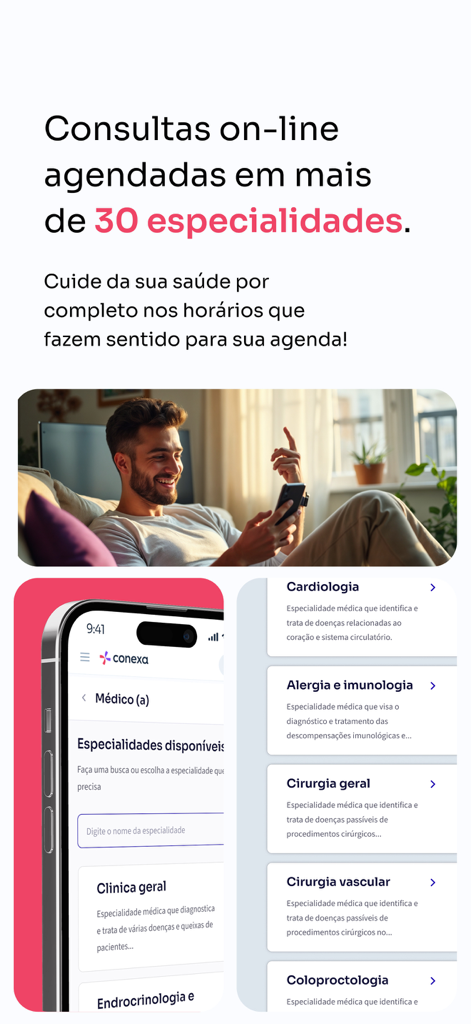 A man using the Conexa Saude app for a video consultation next to a screen displaying a list of medical specialties.