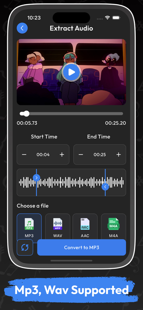Audio Extractor Video to MP3 * - iPhone app interface showing the extract audio screen with video preview waveform trimming and audio format selection