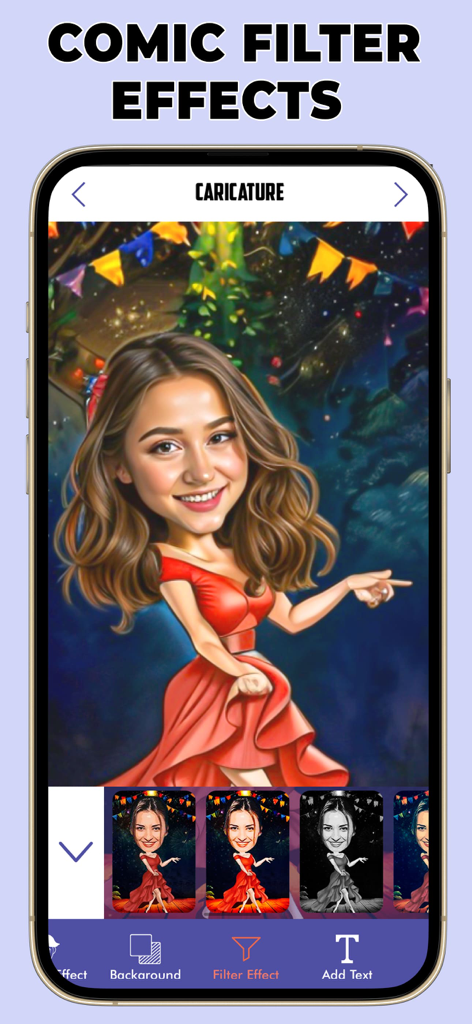 Photo To Caricature Maker - さまざまなフィルターオプションを使用して、赤いドレスを着た女性の写真がカラフルなコミック似顔絵に変換された様子を示すスマートフォンの画面。