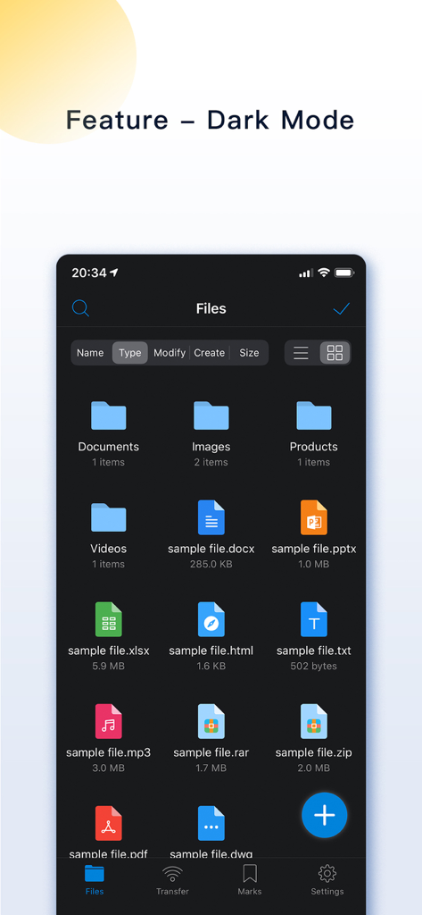 FileMate app interface in dark mode displaying various file types including documents images and archives
