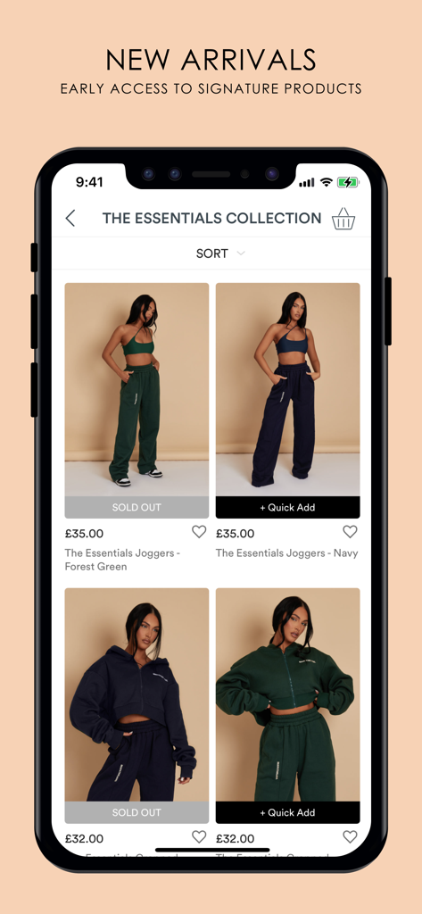 Mars The Label - Mars The Label mobile app showing the essentials collection with forest green and navy loungewear