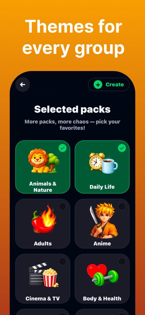 Imposter Up - Who is the Spy? - Imposter Up app screen showing various game theme categories like Animals and Cinema.