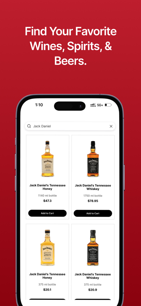 Dial a Bottle app showing Jack Daniels whiskey options with prices and add to cart buttons