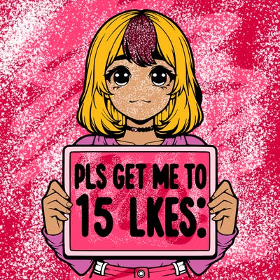 realistic girl holding up a sign that says “pls get me to 15 likes!”